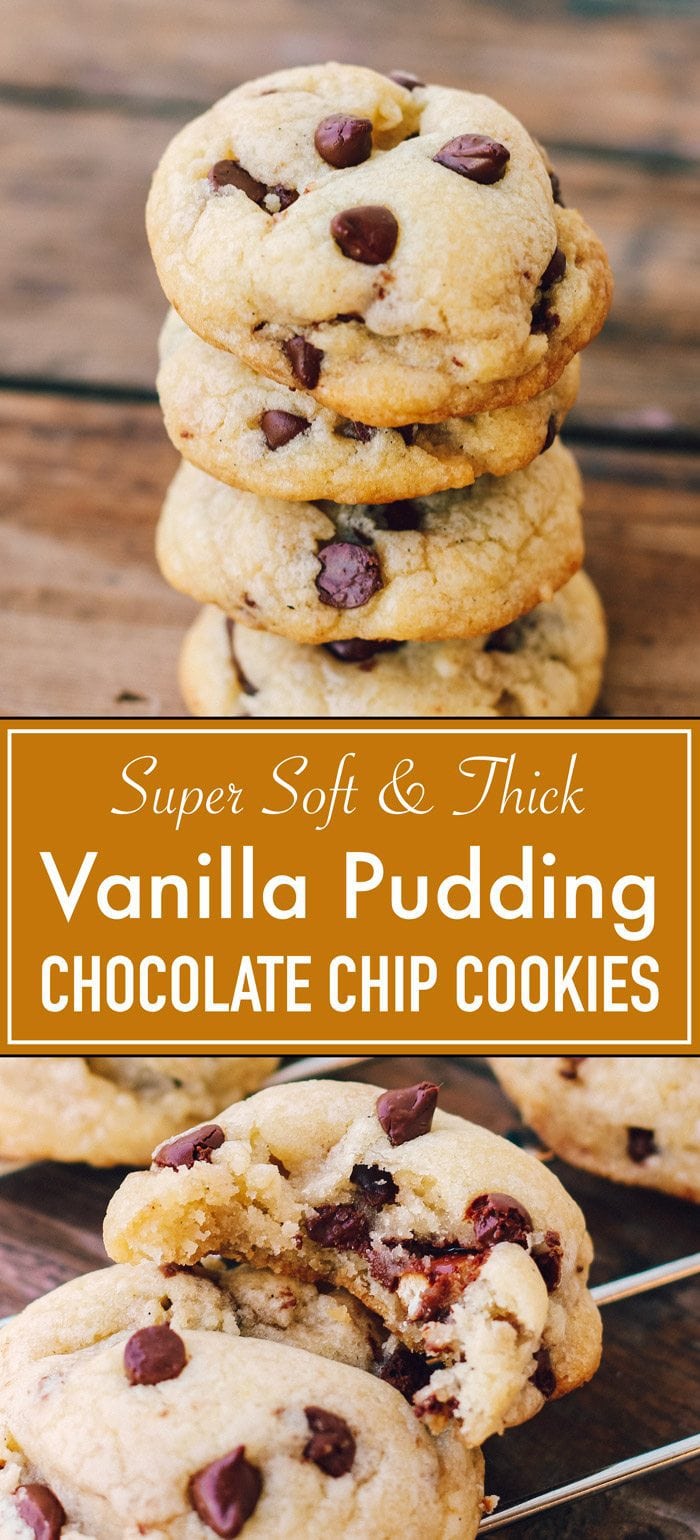 soft, thick and chewy chocolate chip cookies with an amazing vanilla flavor due to adding instant pudding mix.