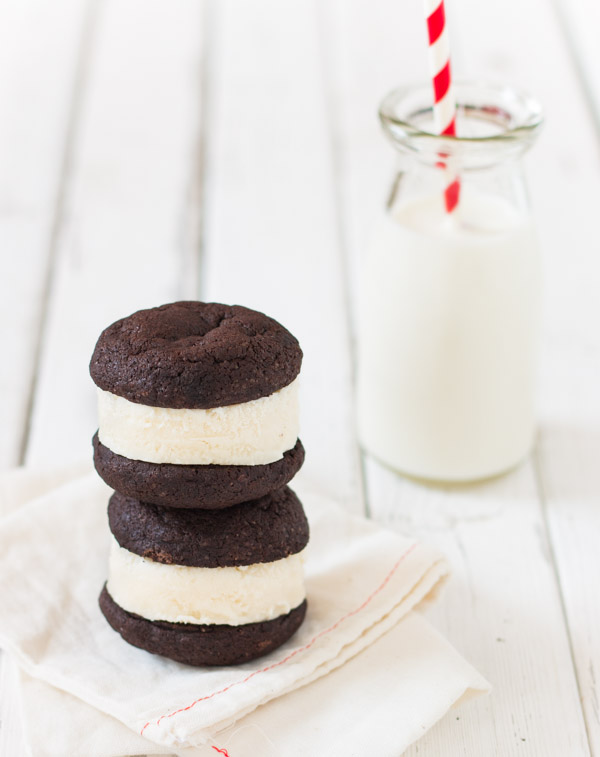 Ice cream sandwiches with homemade thick, chewy chocolate cookies that have the perfect texture once frozen. | prettysimplesweet.com 