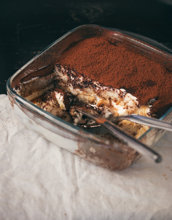 Tiramisu dessert in glass dish