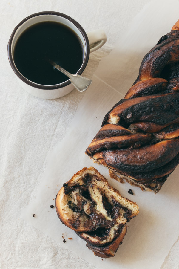 Easy Chocolate Babka with cup of coffee