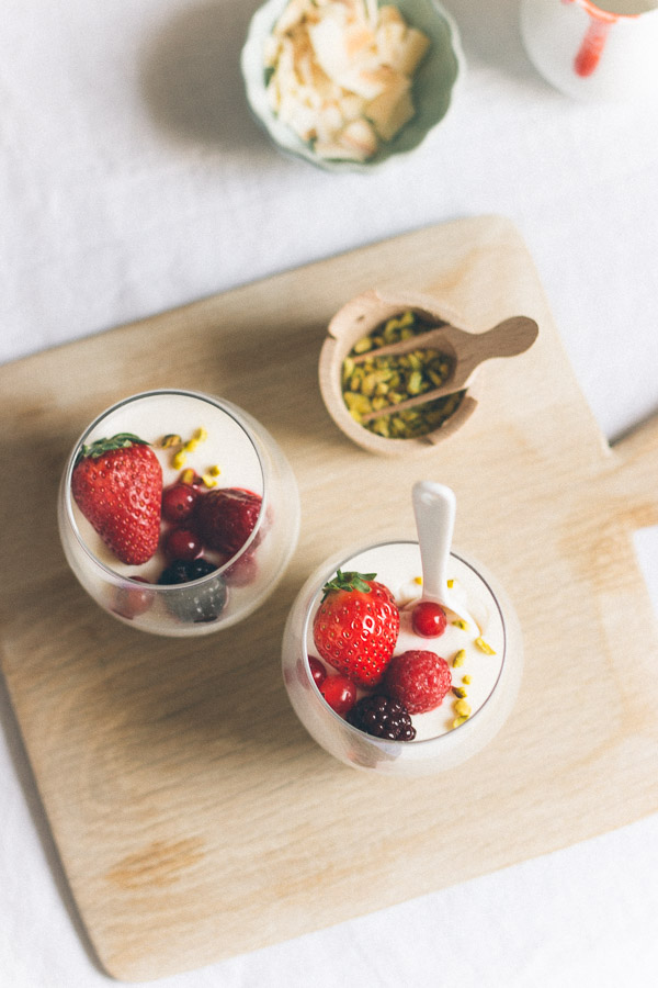 Perfect Panna Cotta with assorted berries including blackberries, currants, strawberries, and raspberries to complement the creamy dessert.