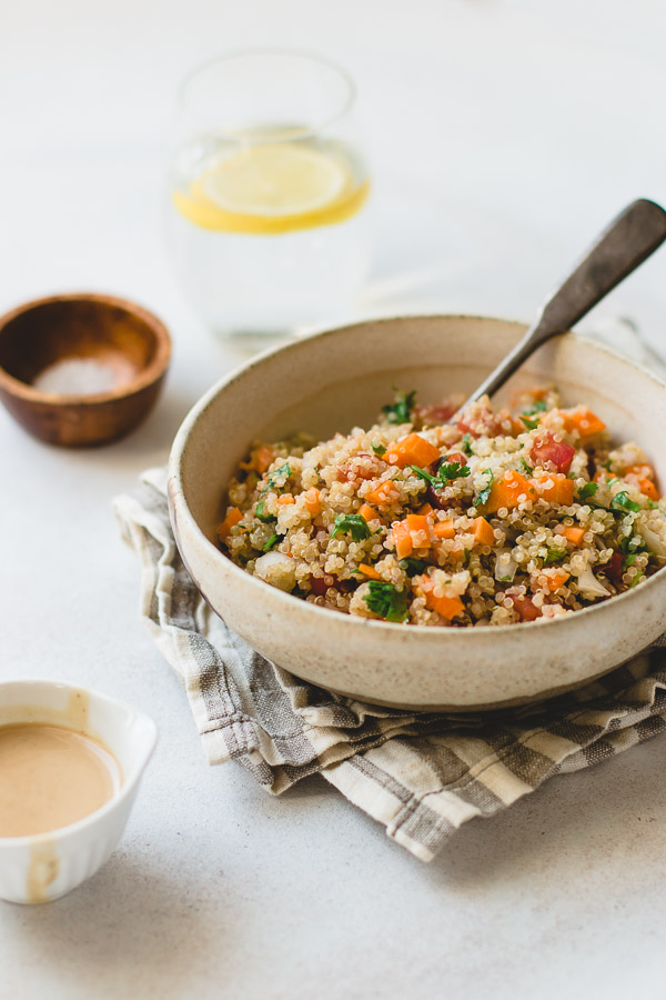 Quinoa Salad With Vegetables and Tahini Dressing