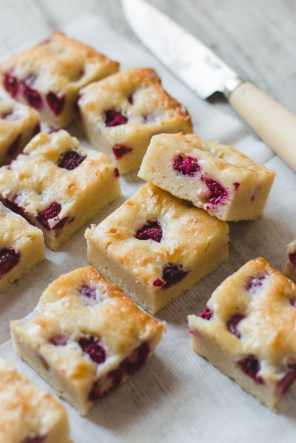 Raspberry and white chocolate brownies - tart, juicy raspberries