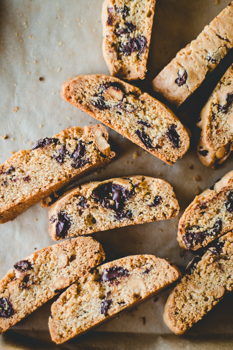 Chocolate Peanut Butter Biscotti cookie closeup.