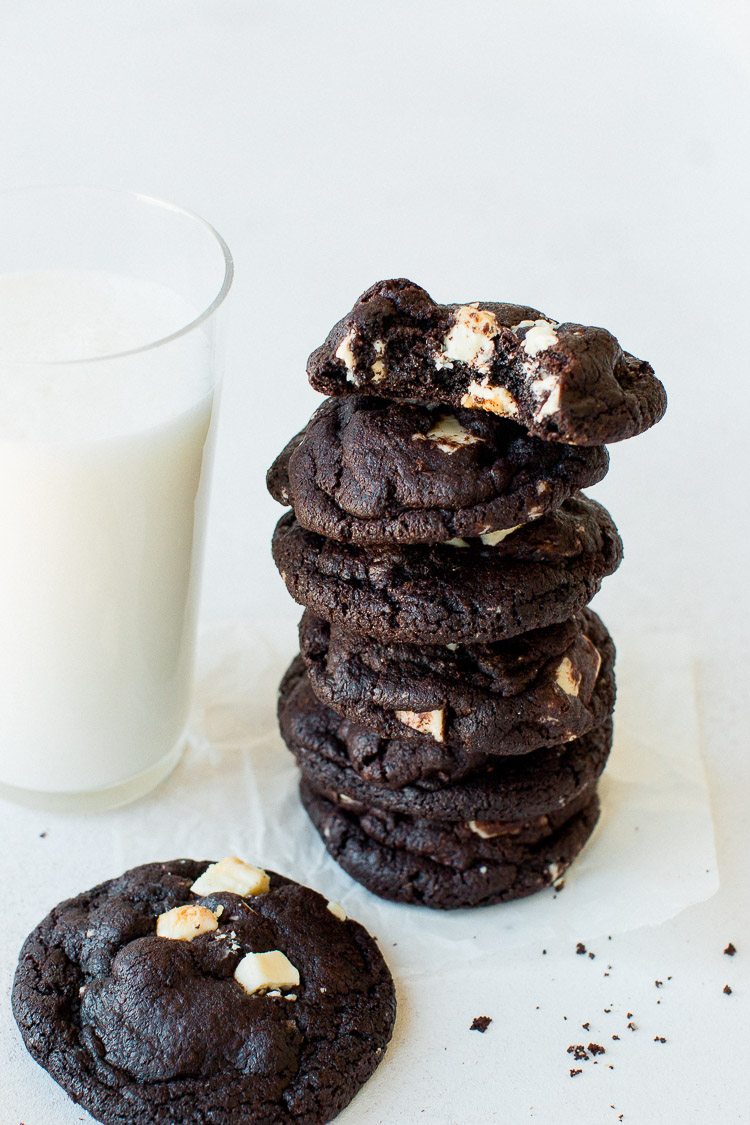 Dark chocolate cookies made with cocoa powder, and loaded with white chocolate chips or chunks. They are fudgy, crunchy, chewy, dense and very chocolaty.