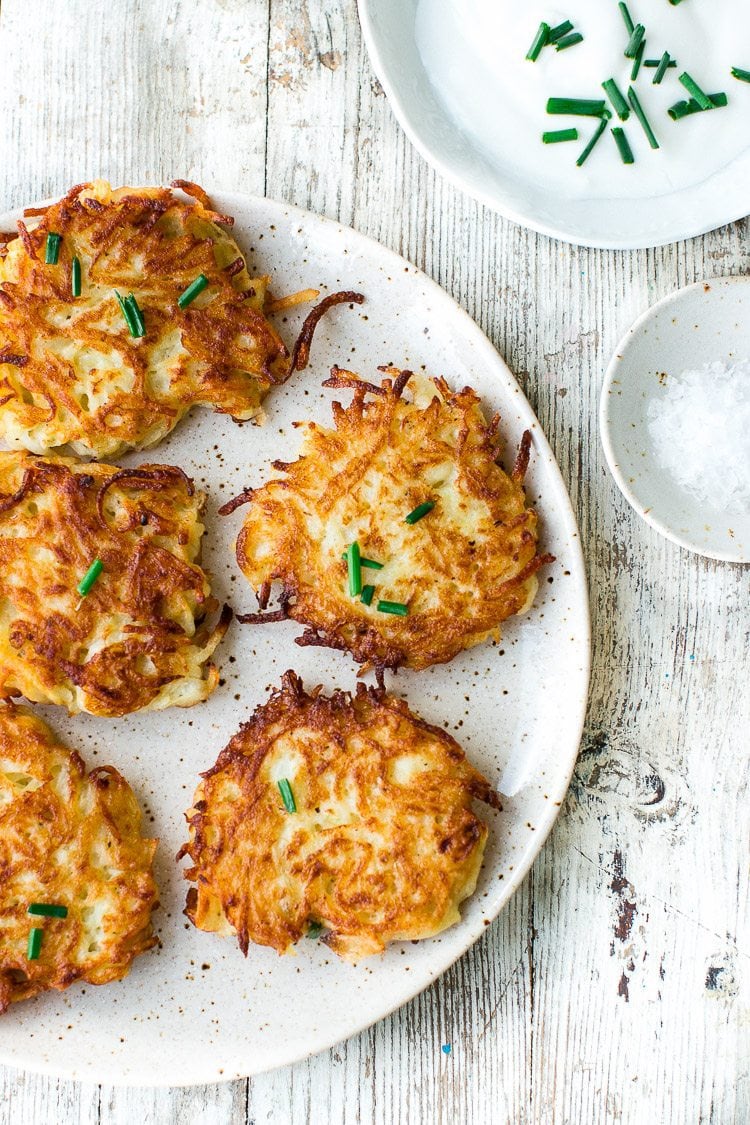 Crispy potato latkes are delicious as an everyday appetizer and perfect for Hanukkah. Here are all the tips on how to make them perfect!