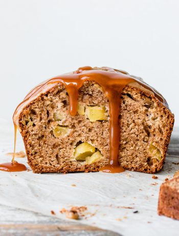 Moist bakery-style apple bread glazed with a thick and crunchy caramel icing.