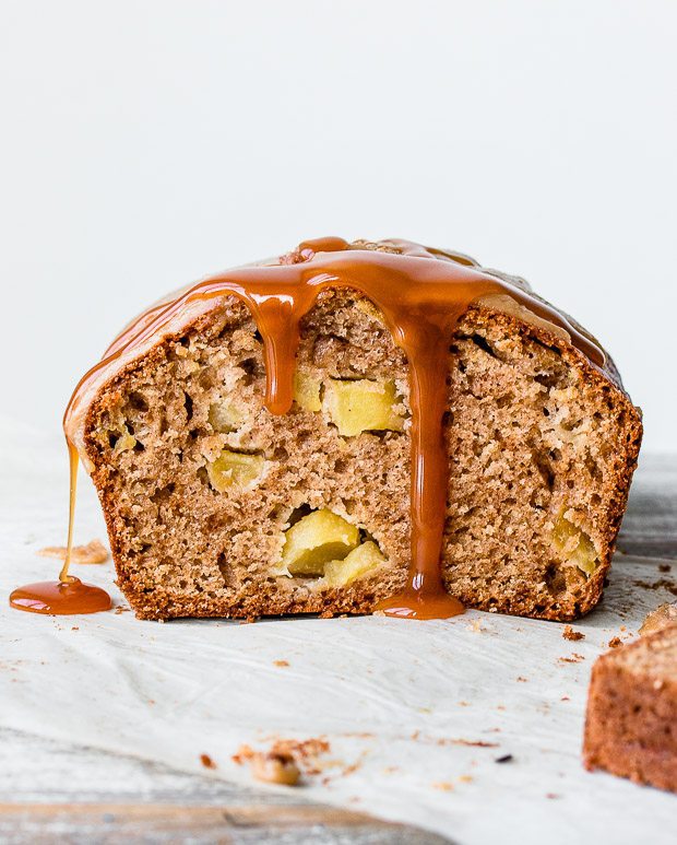 Moist bakery-style apple bread glazed with a thick and crunchy caramel icing.