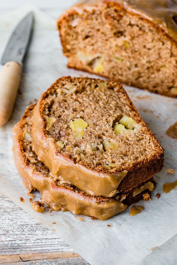 Moist apple bread glazed with a thick and crunchy caramel icing.