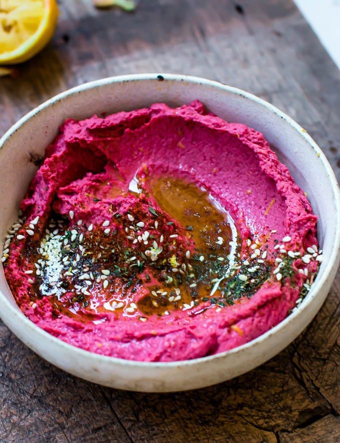 Quick and Easy Beetroot Hummus Recipe. Great as a dip, appetizer, or on sandwiches.