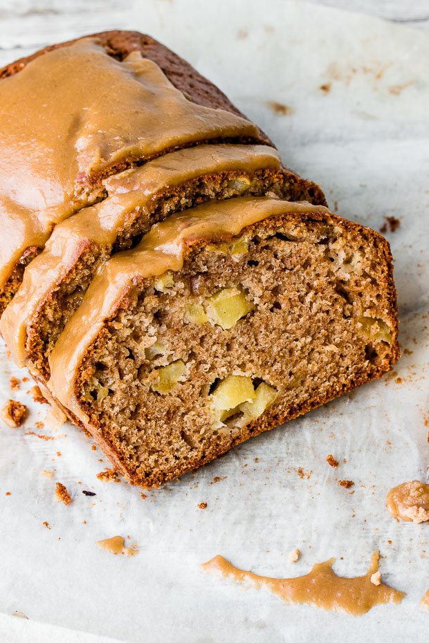 Moist caramel apple bread glazed with a thick and crunchy caramel icing.