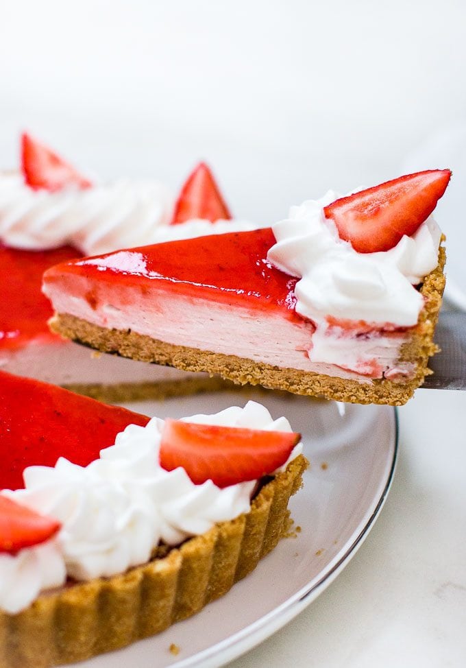 No-bake recipe for strawberry (or raspberry) white chocolate tart.