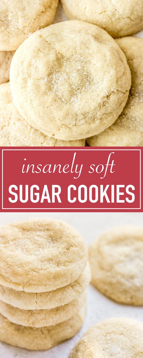 The best pillowy soft and chewy sugar cookie recipe! They taste just like childhood with a super soft, melt in your mouth texture. Great for the holidays!