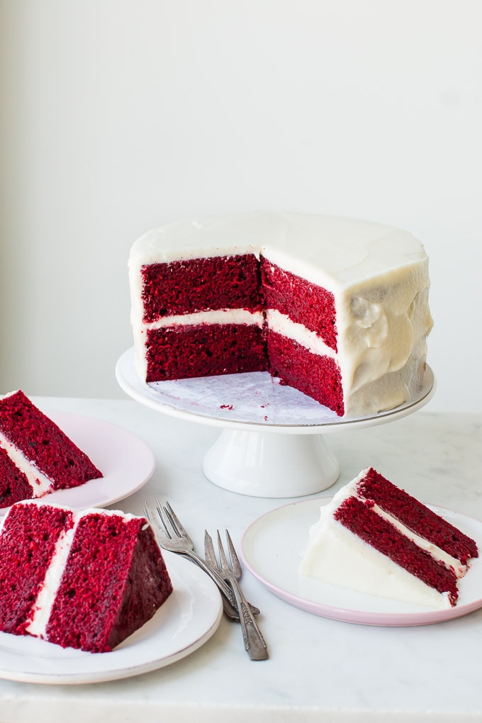 Mini Red Velvet Bundt Cakes with Cream Cheese Frosting - 7 Empty Plates