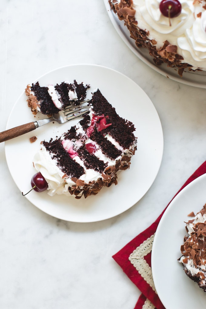 Black Forest Cake chocolate cake with light whipped cream frosting and cherries. Top with chocolate shavings.