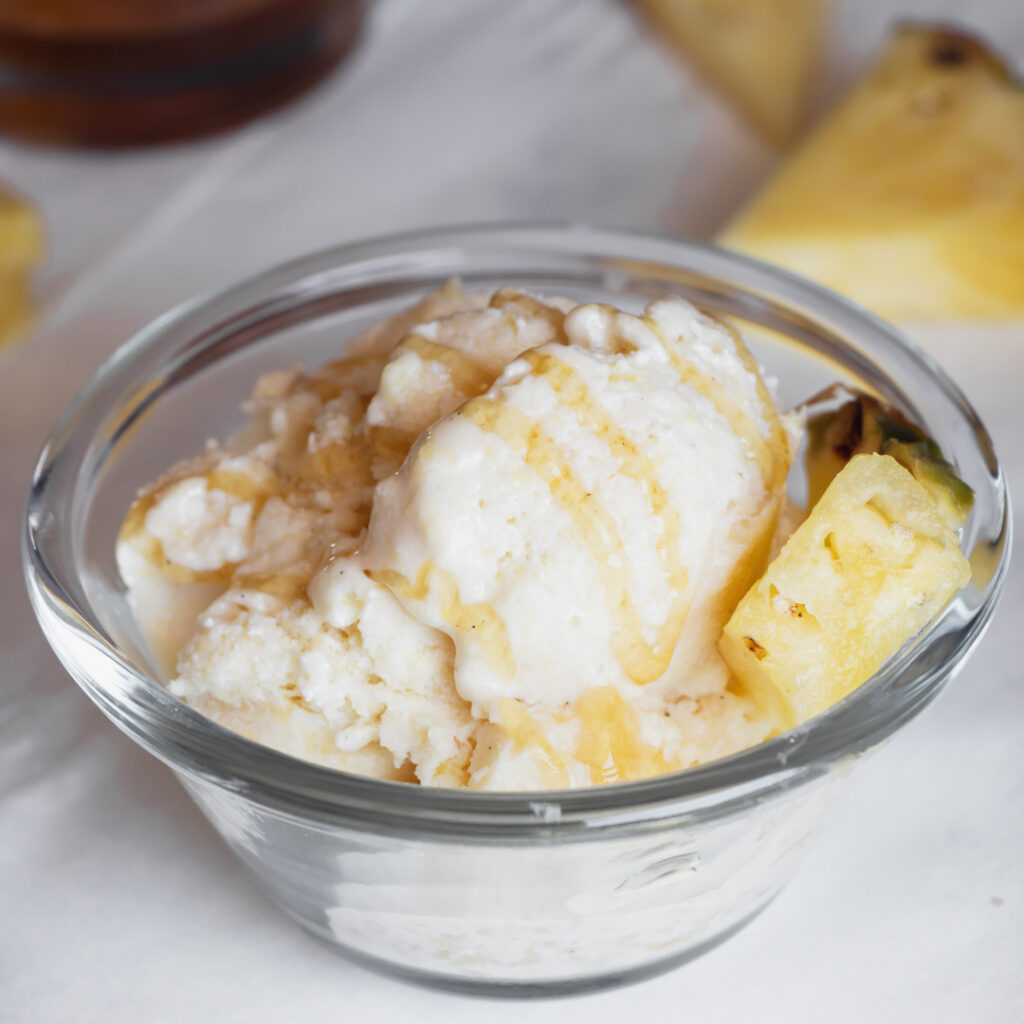 pineapple vanilla bean cottage cheese ice cream drizzled with honey