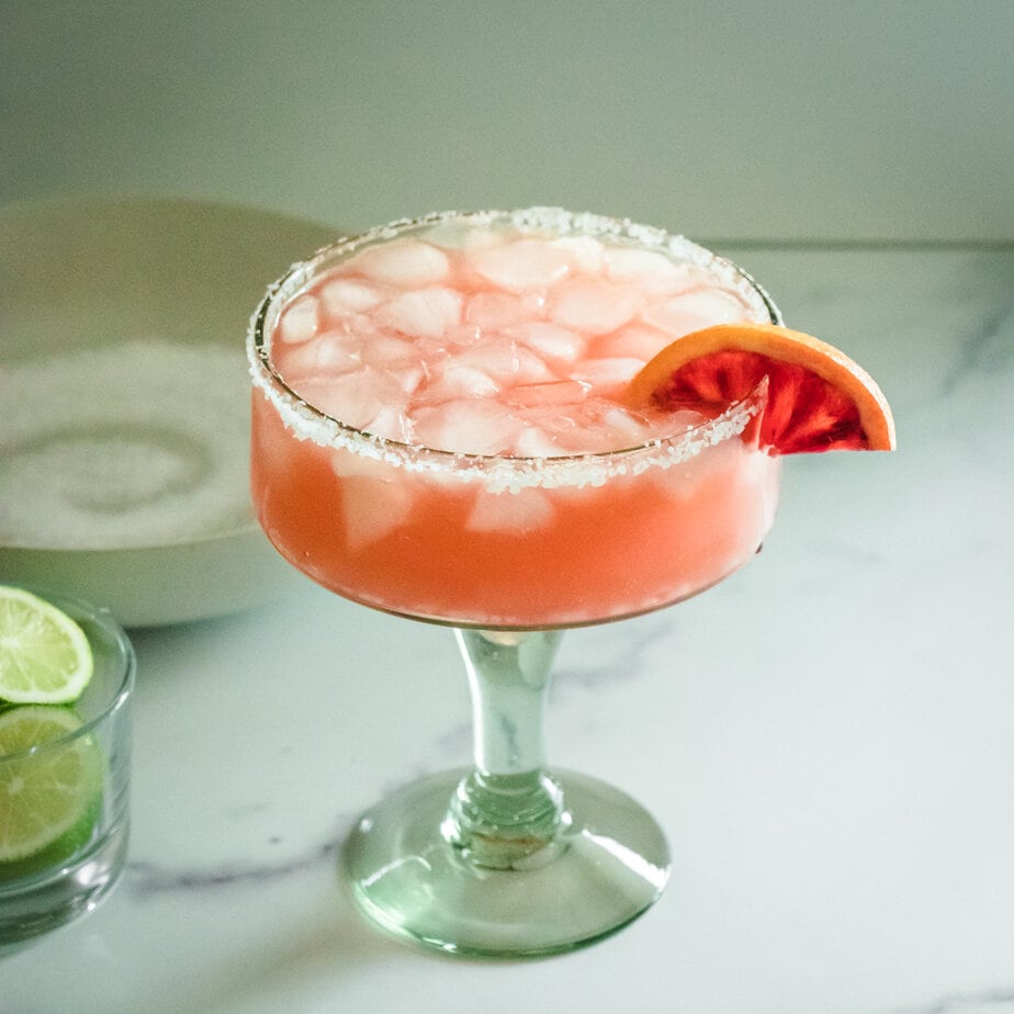 Blood orange margarita made from freshly squeezed oranges.