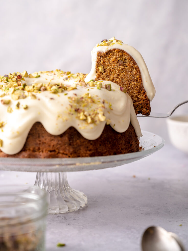 carrot pistachio bundt cake with sclice