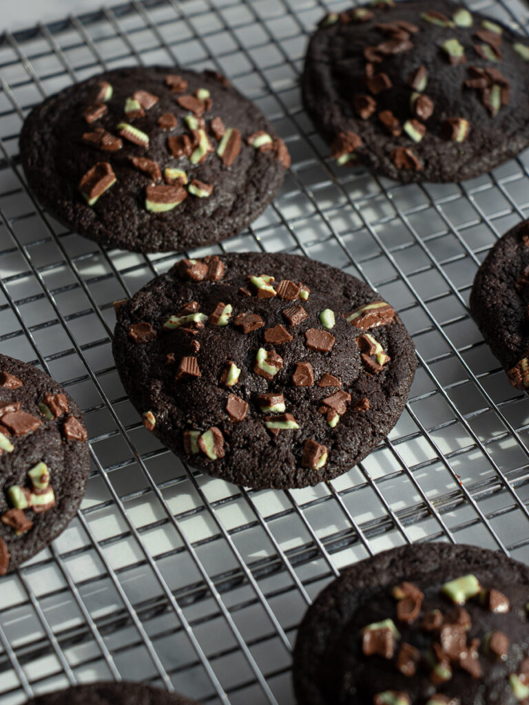 baked mint chocolate chip cookies with cream cheese centers