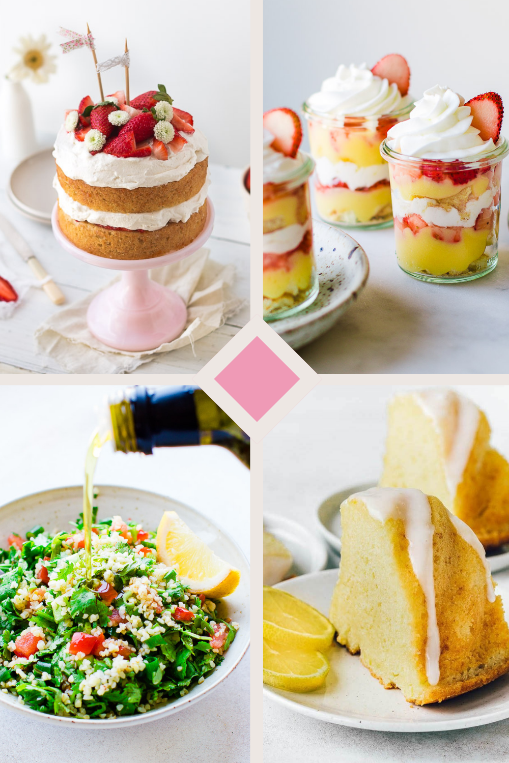 Assorted variety of springtime treats includes strawberry cream cake, lemon curd trifles, tabbouleh salad, and lemon bundt cake with icing.