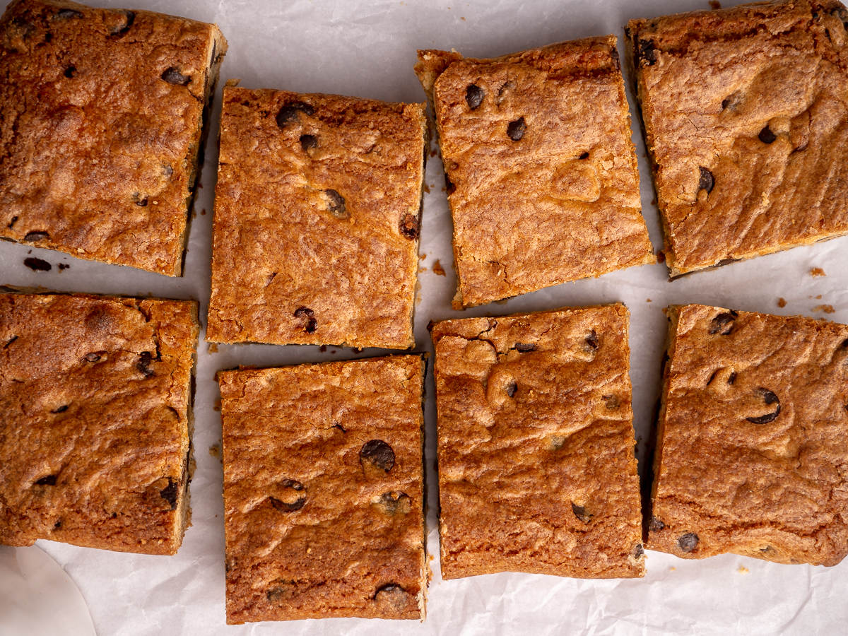 Chocolate chip cookie bars cut into 8.