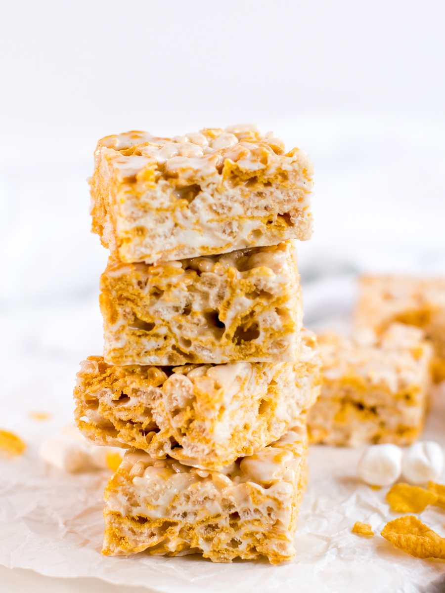 Tower of cornflake rice crispy treats.
