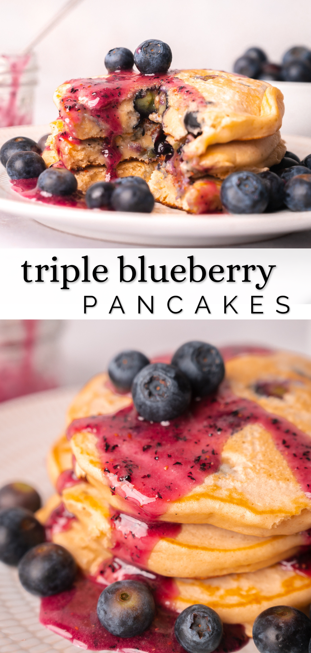 Pinterest pin for triple blueberry pancakes.