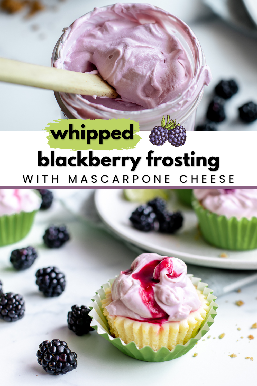 Whipped blackberry frosting is made with mascarpone cheese and whipped cream.
