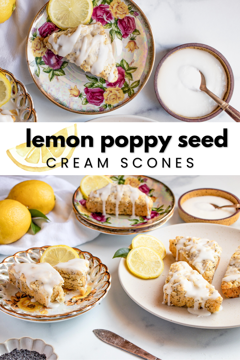 Lemon poppy seed scones pinterest pin displaying the lemon glaze drizzled over scones.
