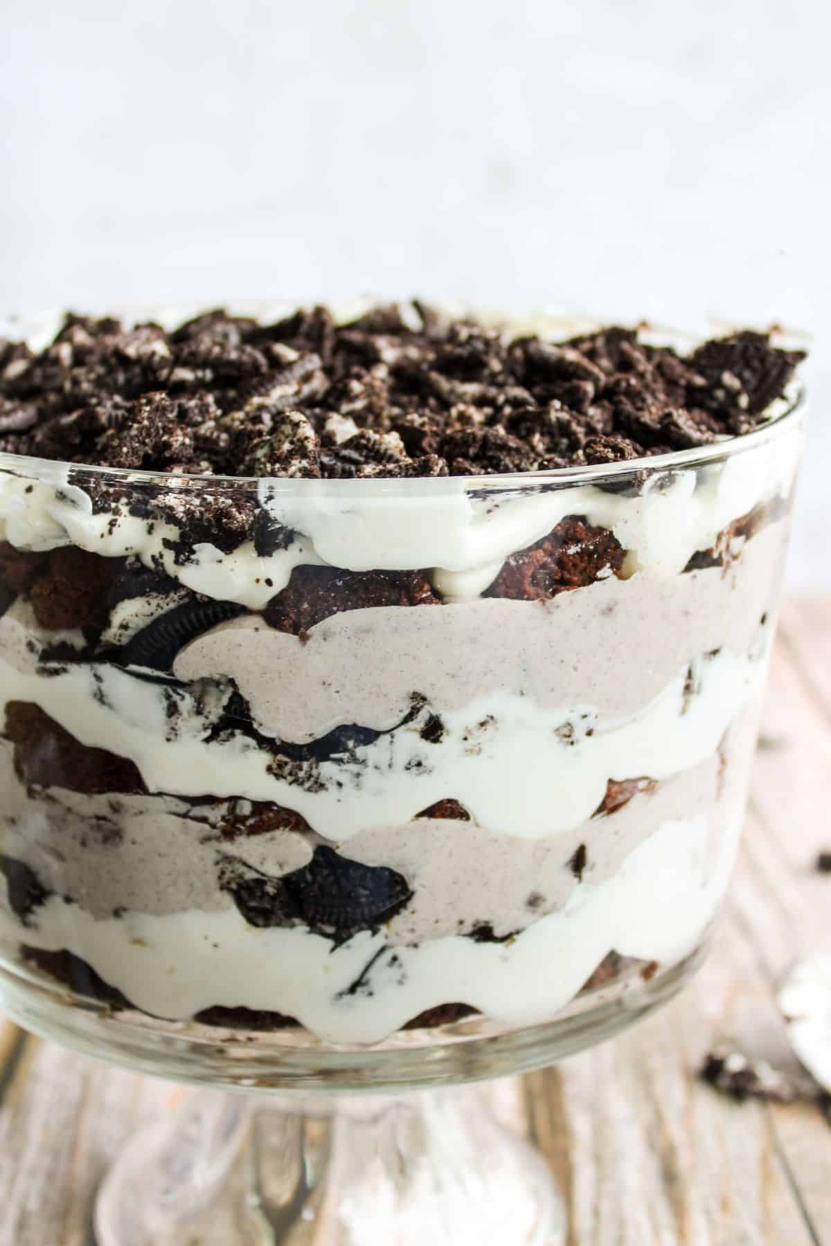 Oreo trifle with layers of cookies and cream from Simple Scrumptious Eats.