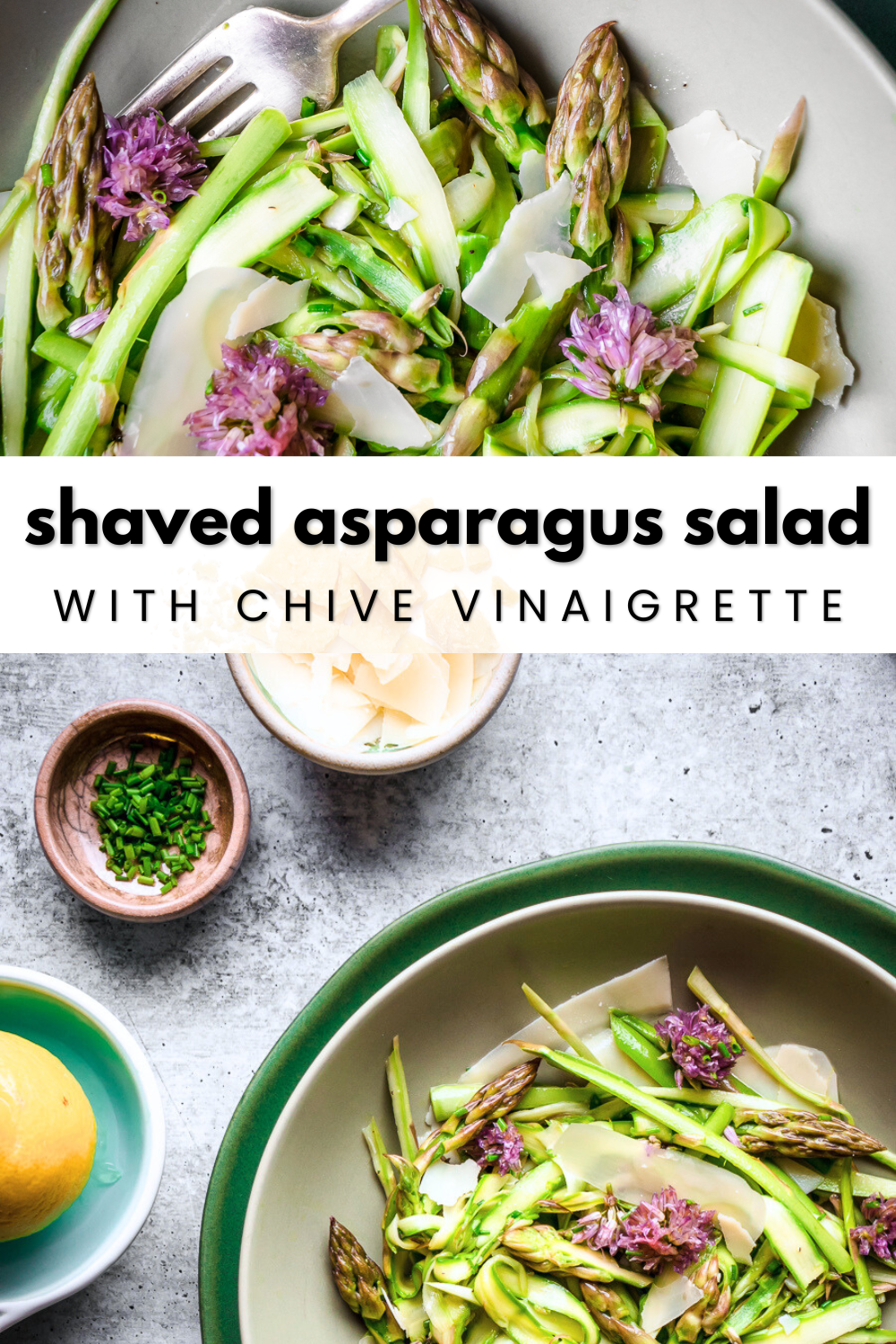 Shaved asparagus salad with parmesan cheese, chives, and lemon vinaigrette.