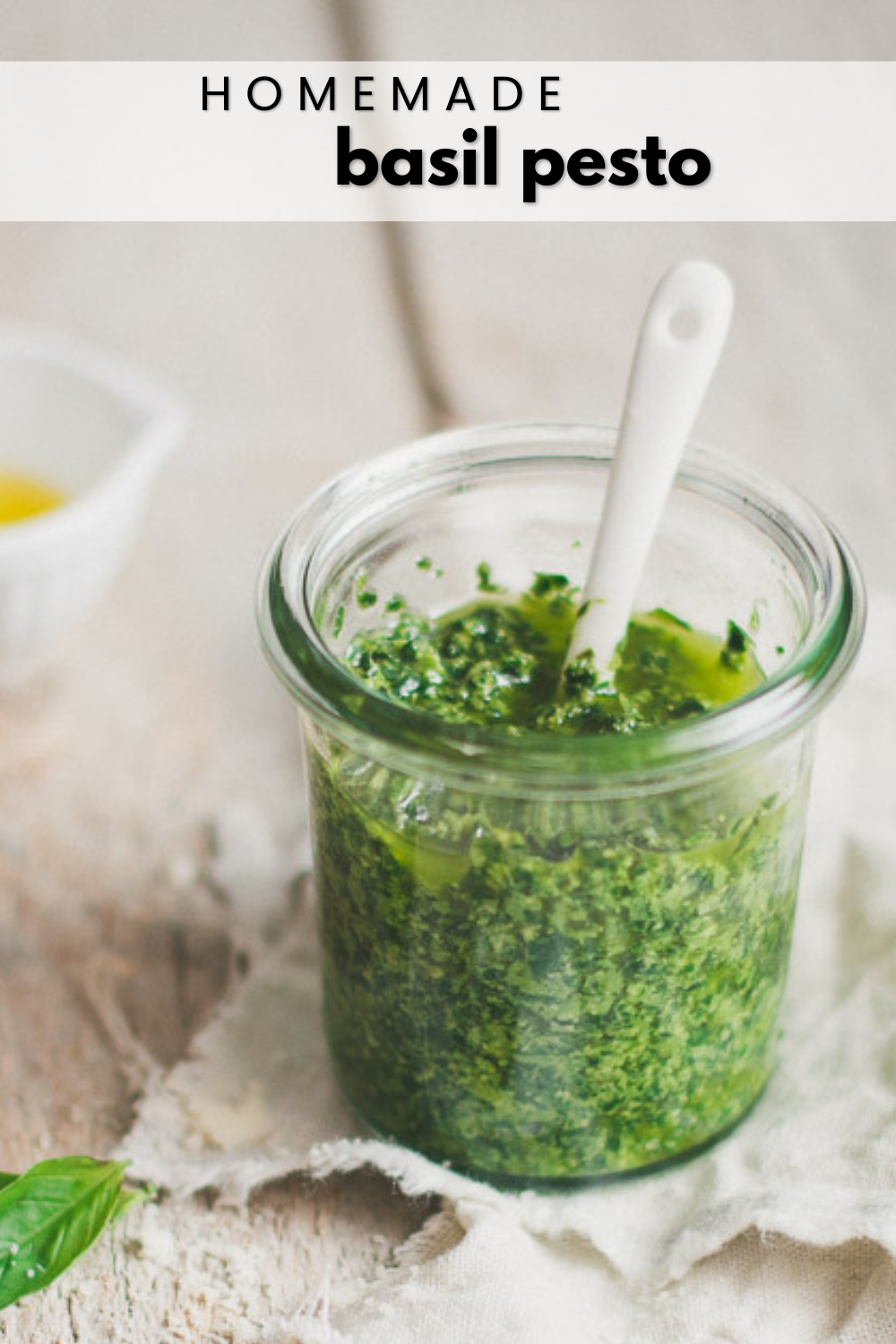Homemade pesto made with basil, pine nuts, and extra virgin olive oil.